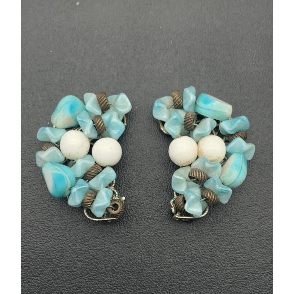 Vintage Light Blue And White Cluster Beaded Ear Climber‎ Clip On Earrings